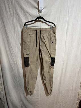 Marc Ecko Men's Beige Cargo Jogger Pants with Mesh Pockets and Drawstring Waist